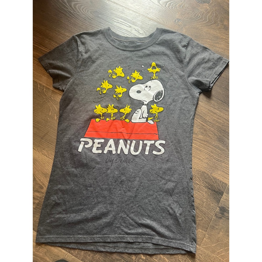 Peanuts Snoopy Woodstock Doghouse Graphic T-Shirt Gray Women Large L 11-13